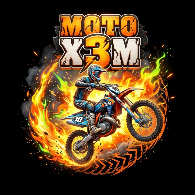 Motorcycle rider performing a stunt over a neon track